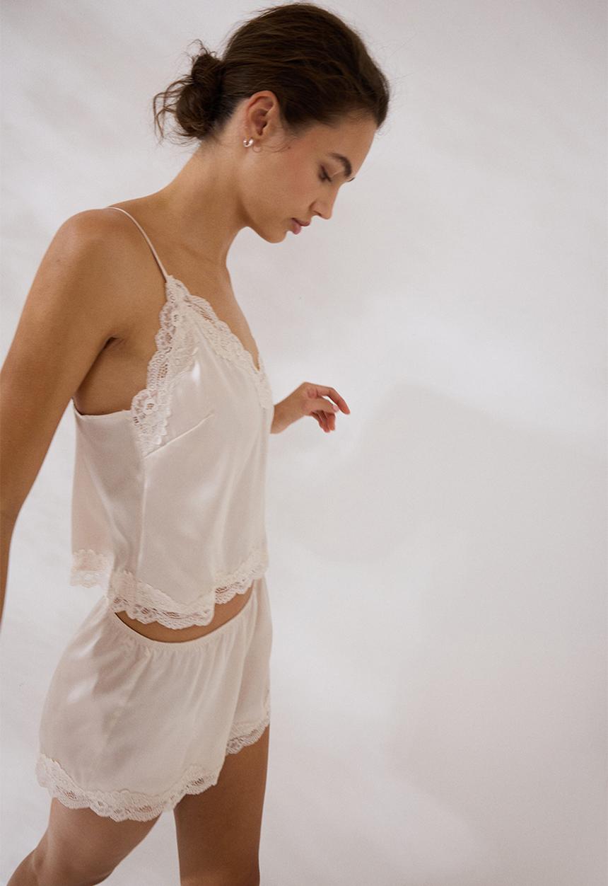 H&M - Lace-trimmed satin pyjamas - light beige