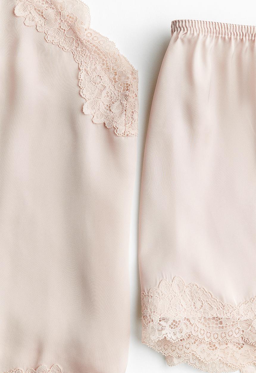 H&M - Lace-trimmed satin pyjamas - light beige