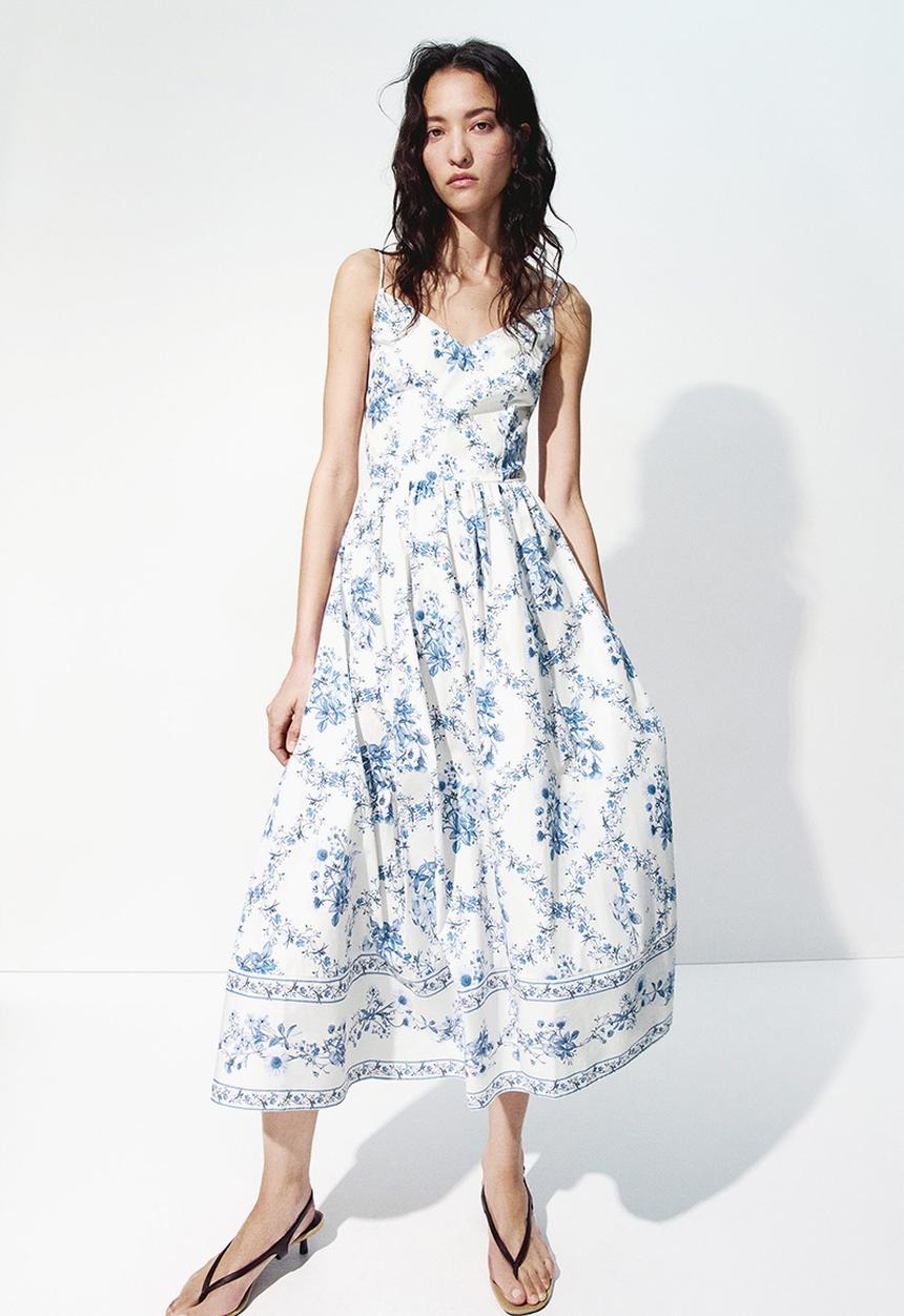 H&M - Flared-skirt strappy dress - white/blue floral