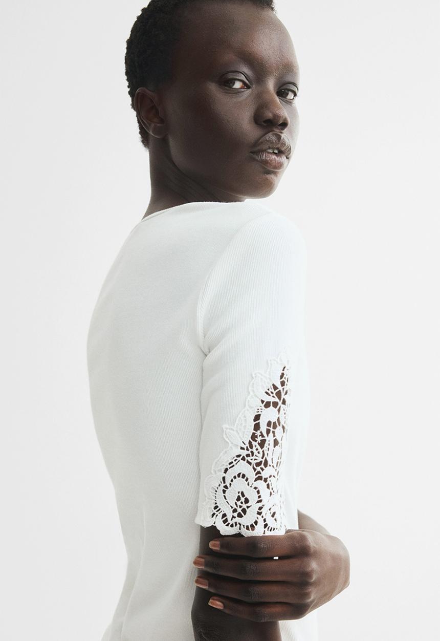 H&M - Ribbed lace-inset top - white