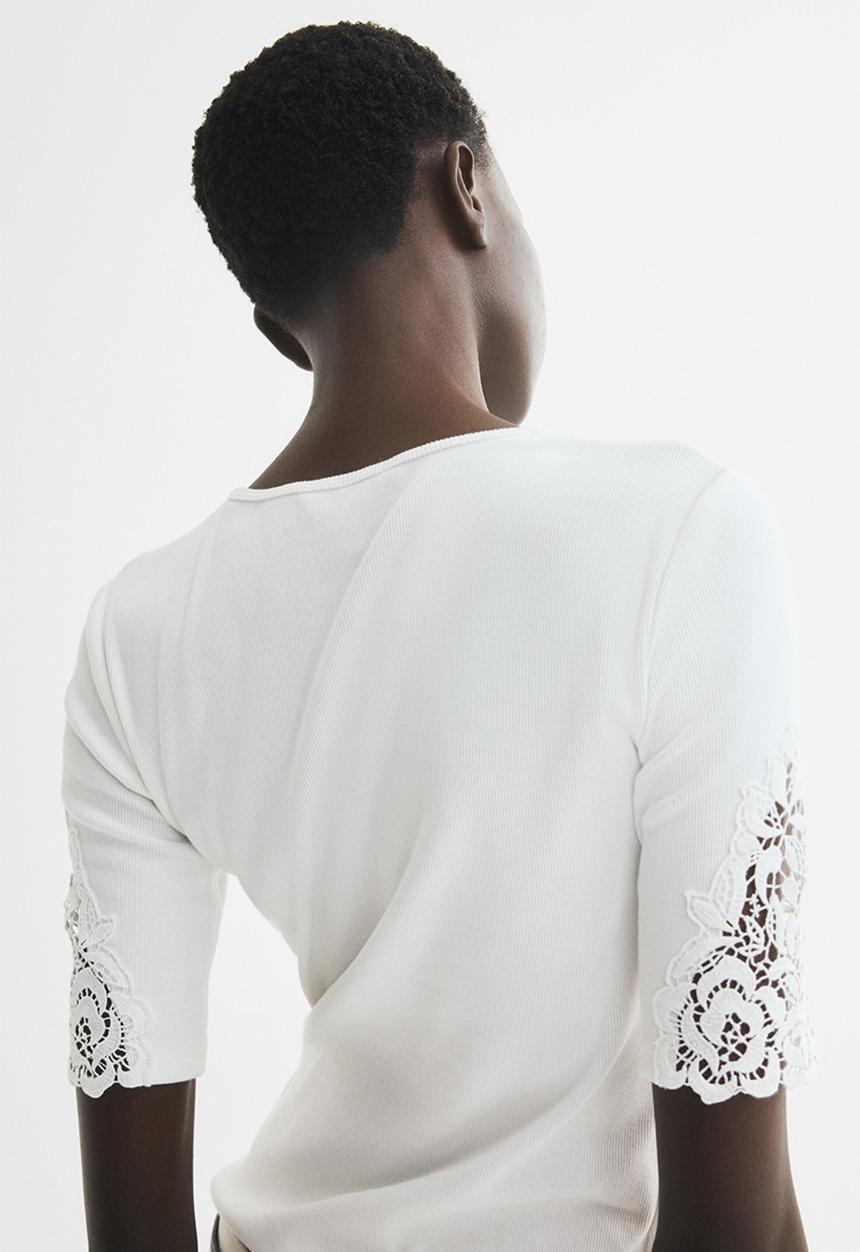 H&M - Ribbed lace-inset top - white