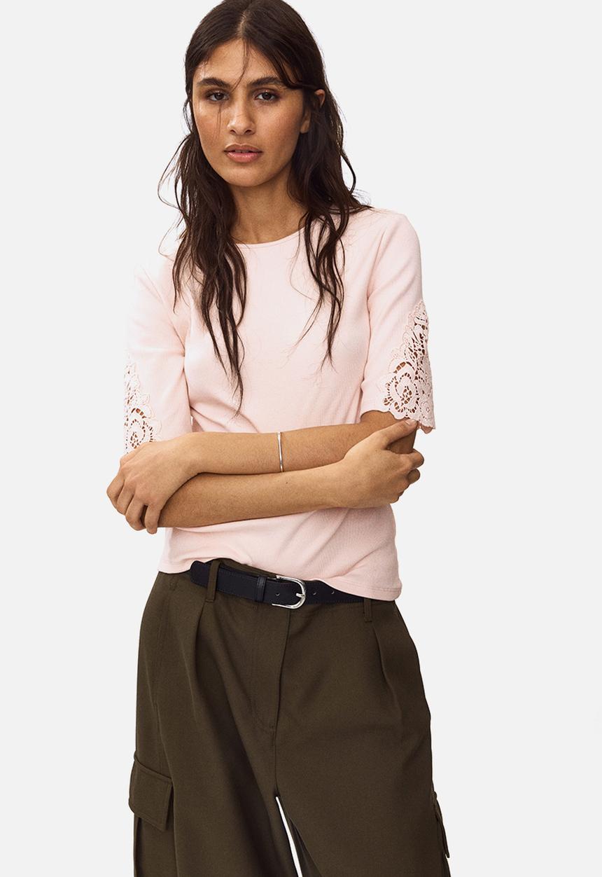 H&M - Ribbed lace-inset top - light pink