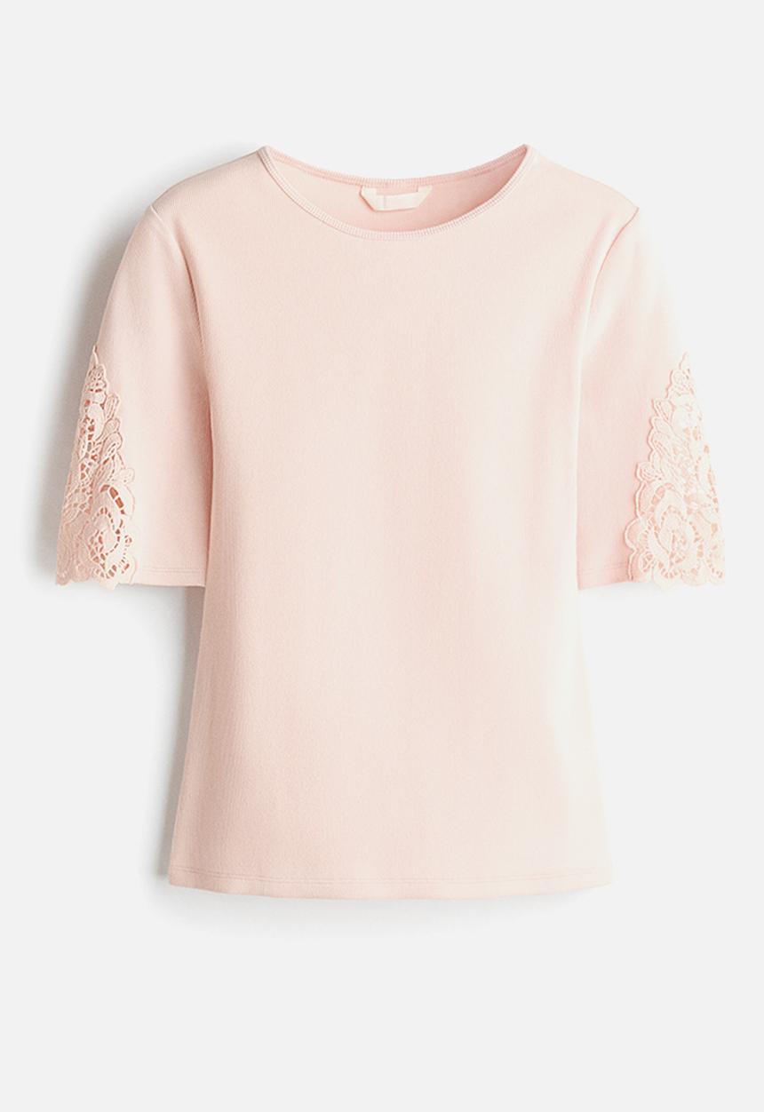 H&M - Ribbed lace-inset top - light pink