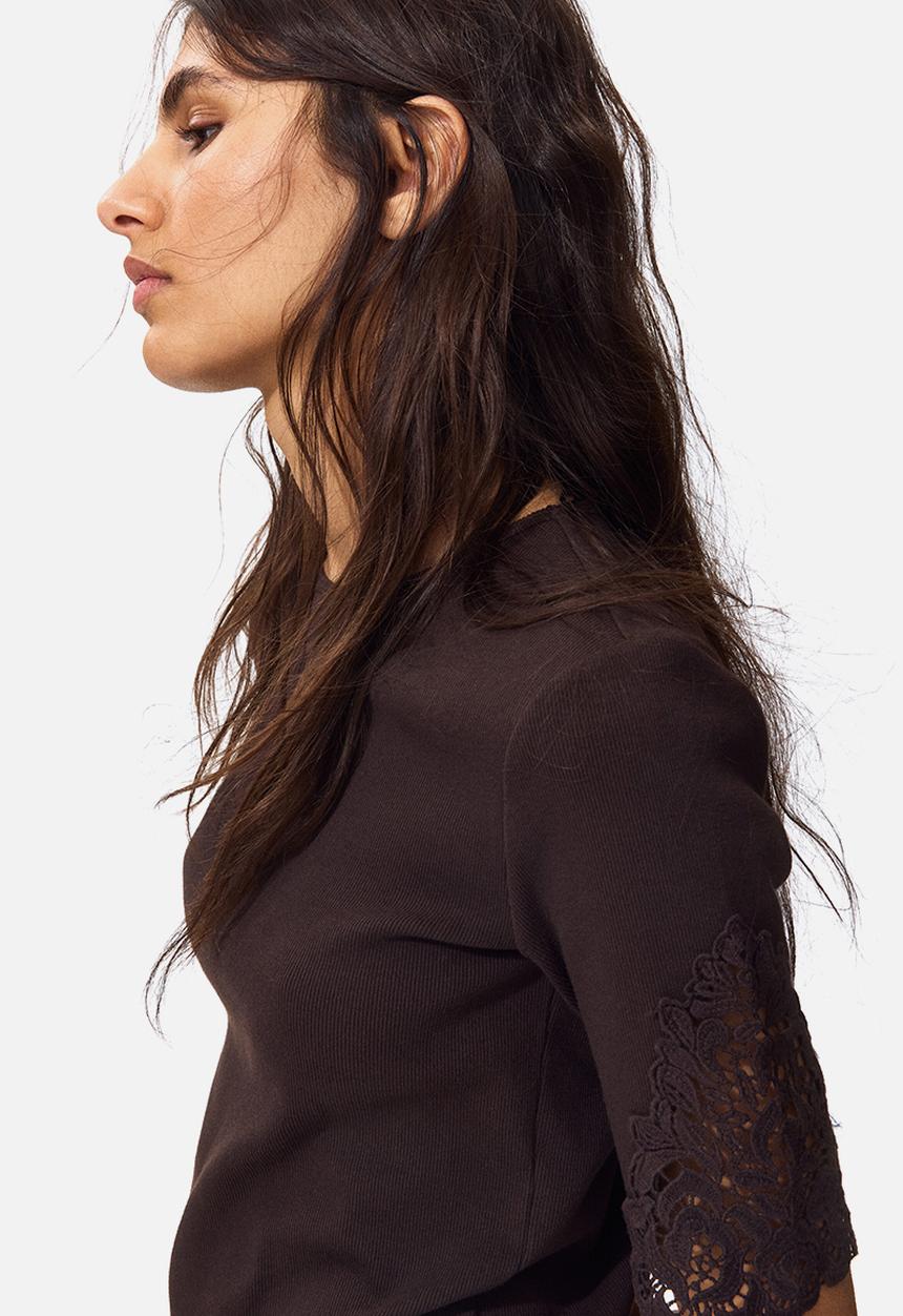 H&M - Ribbed lace-inset top - dark brown