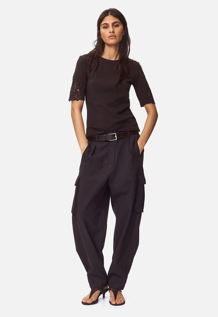 H&M - Ribbed lace-inset top - dark brown