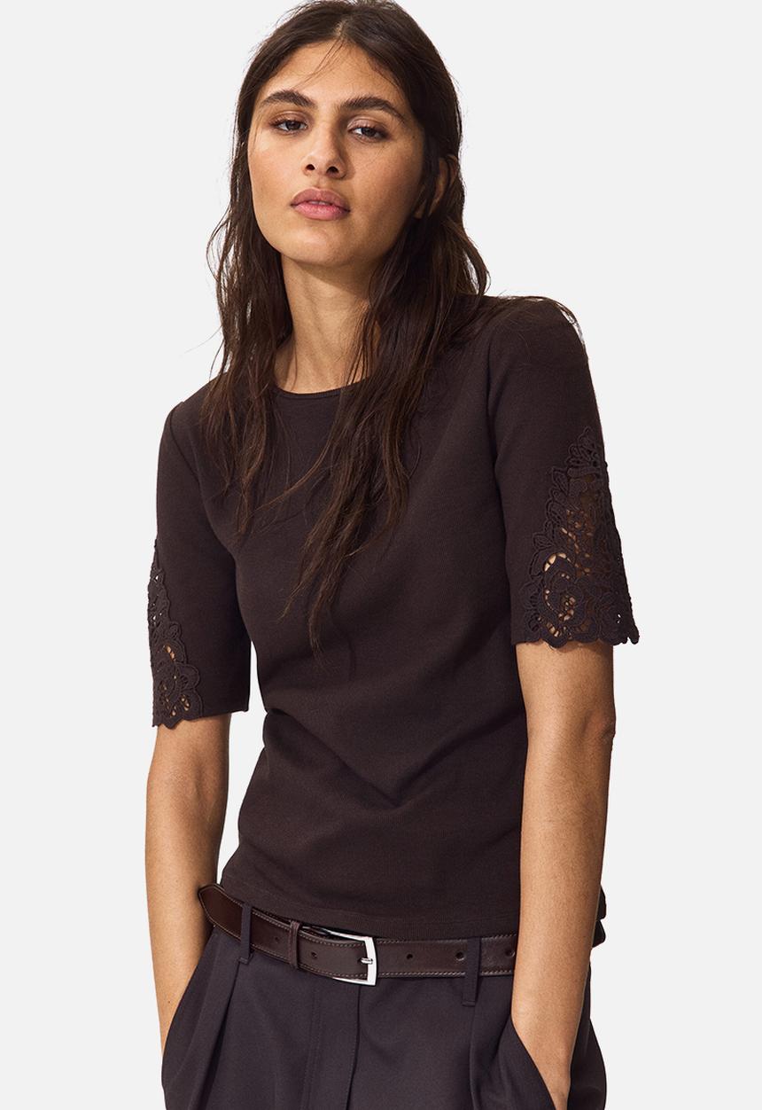 H&M - Ribbed lace-inset top - dark brown