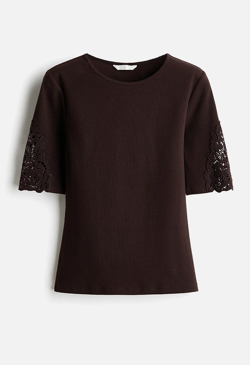 H&M - Ribbed lace-inset top - dark brown