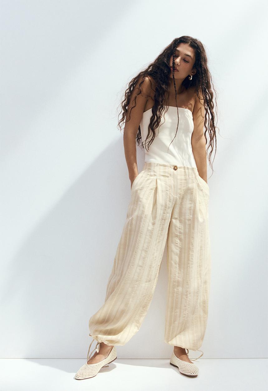 H&M - Drawstring-detail balloon trousers - light beige/striped