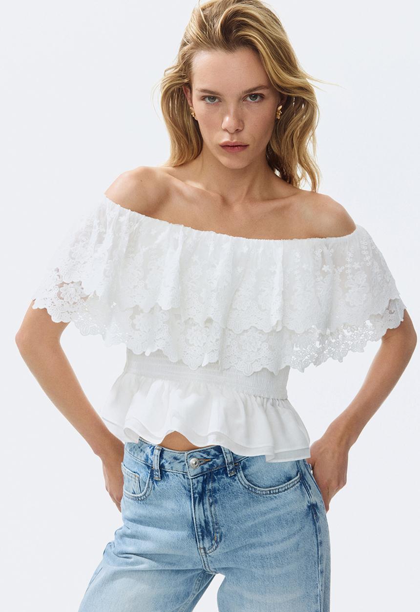 H&M - Flounced off-the-shoulder top - white
