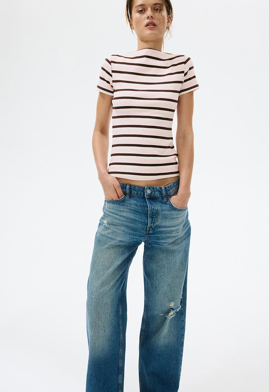 H&M - Boat-neck cotton top - light pink/striped