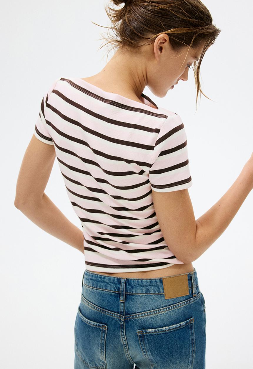 H&M - Boat-neck cotton top - light pink/striped