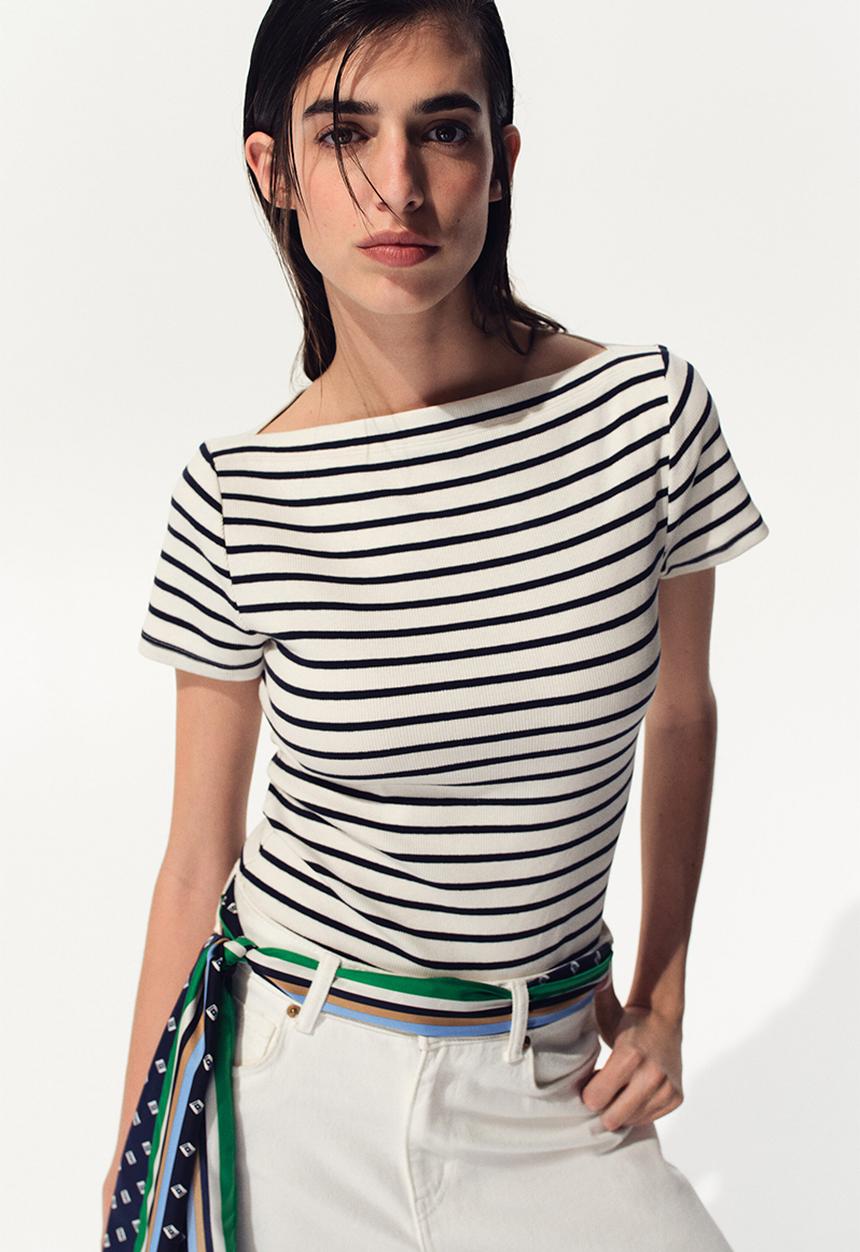 H&M - Boat-neck cotton top - navy blue/striped