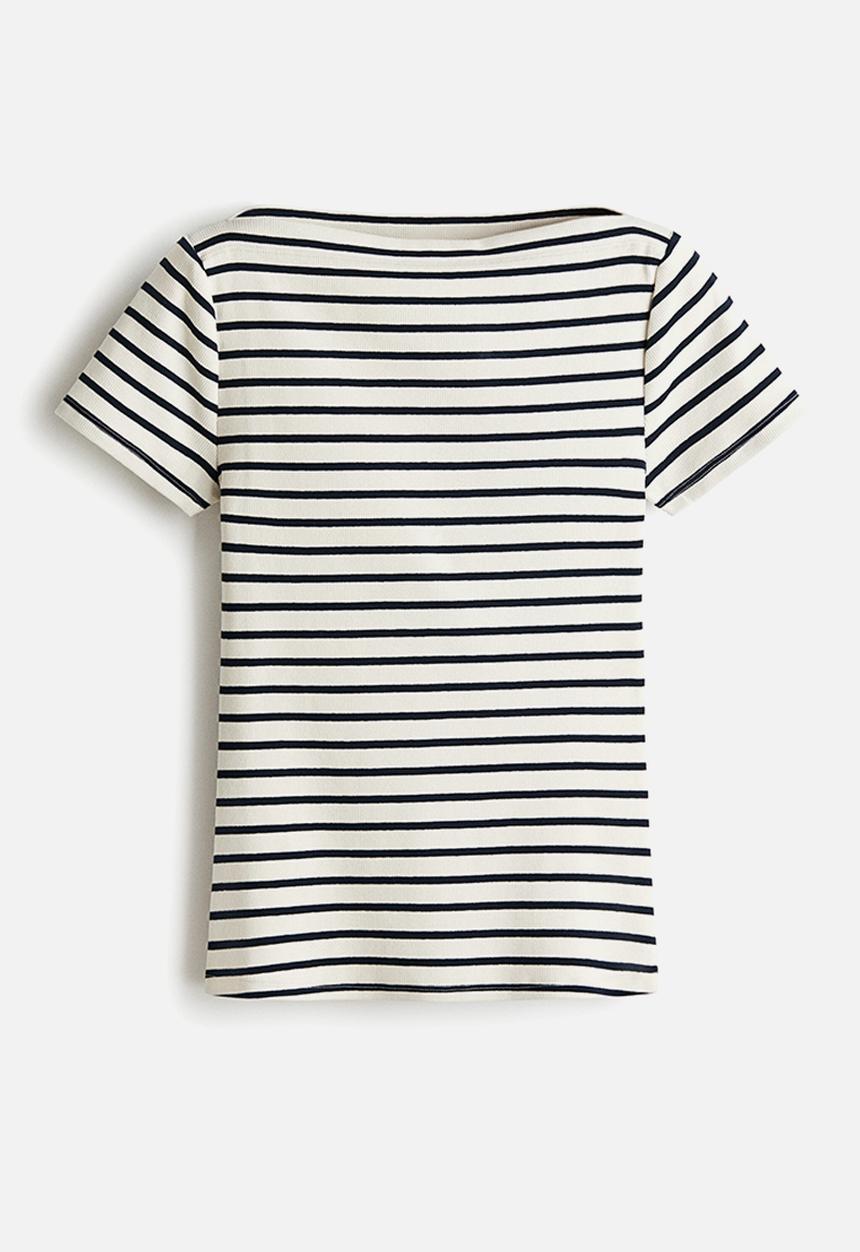H&M - Boat-neck cotton top - navy blue/striped