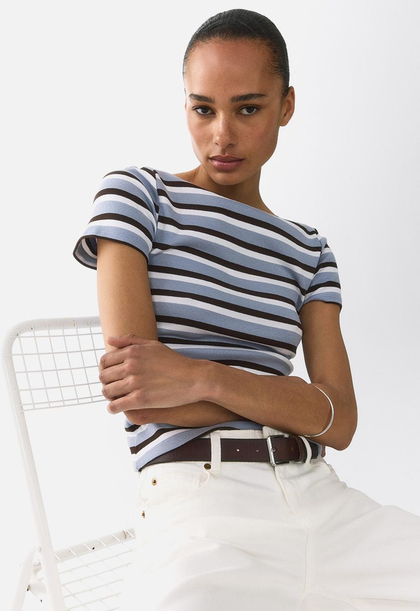H&M - Boat-neck cotton top - light blue/striped