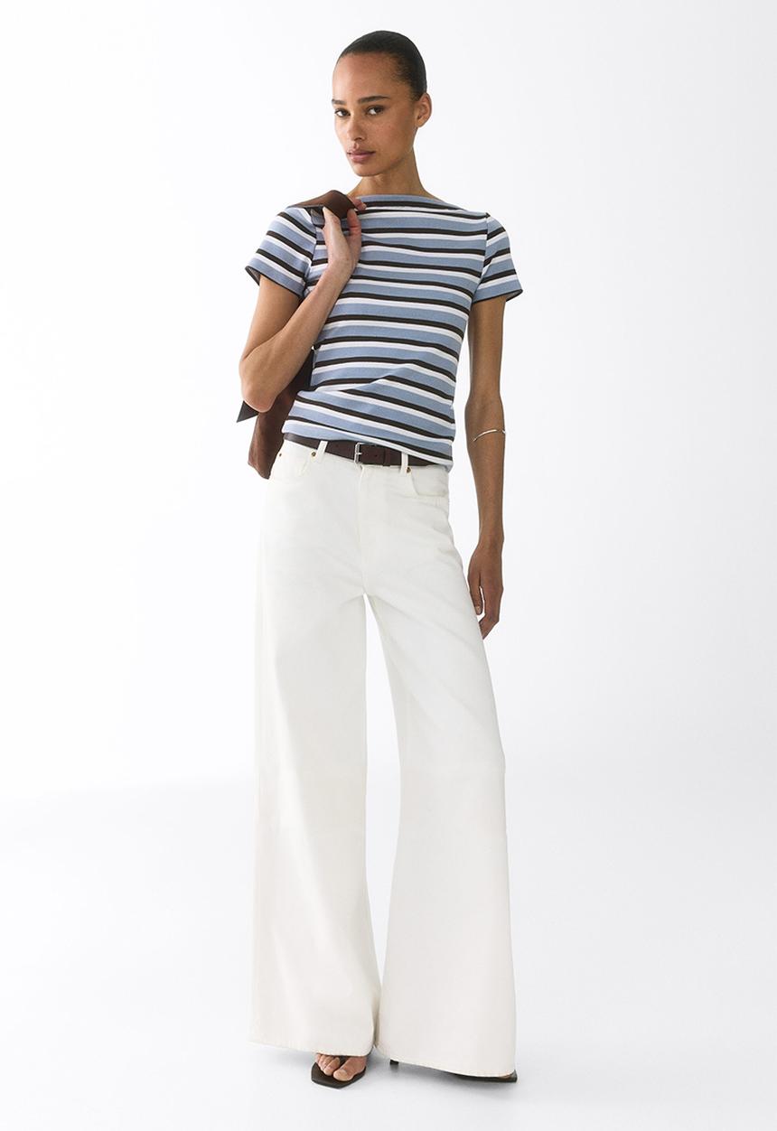 H&M - Boat-neck cotton top - light blue/striped