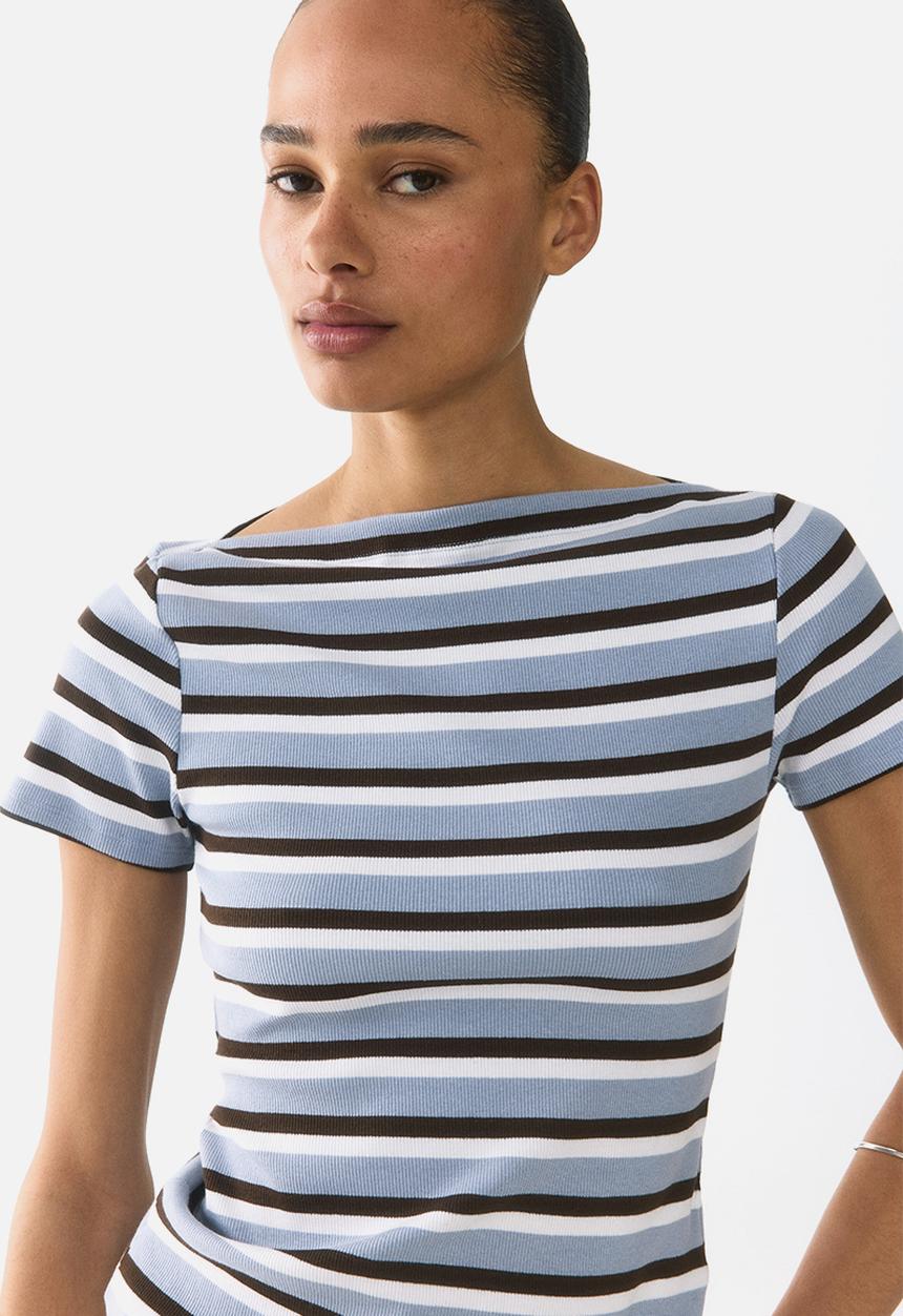 H&M - Boat-neck cotton top - light blue/striped