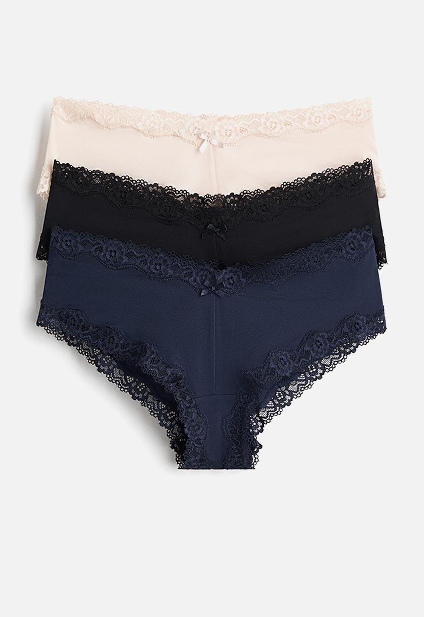 H&M - 3-pack microfibre and lace hipster briefs - navy blue/light beige