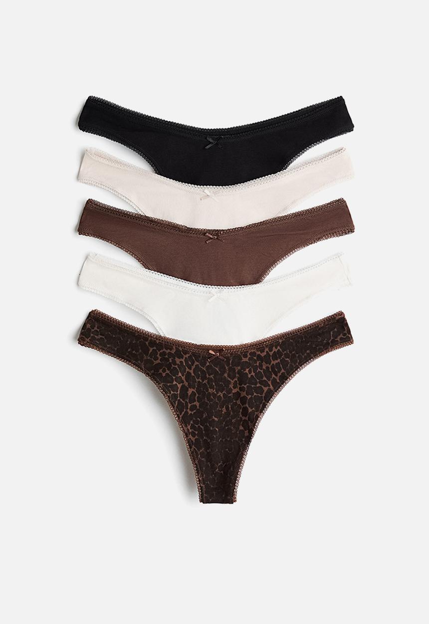 H&M - 5-pack cotton thong briefs - brown/leopard print