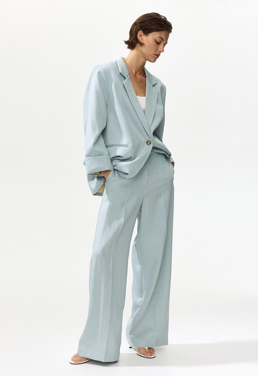 H&M - Wide linen-blend trousers - dusty turquoise
