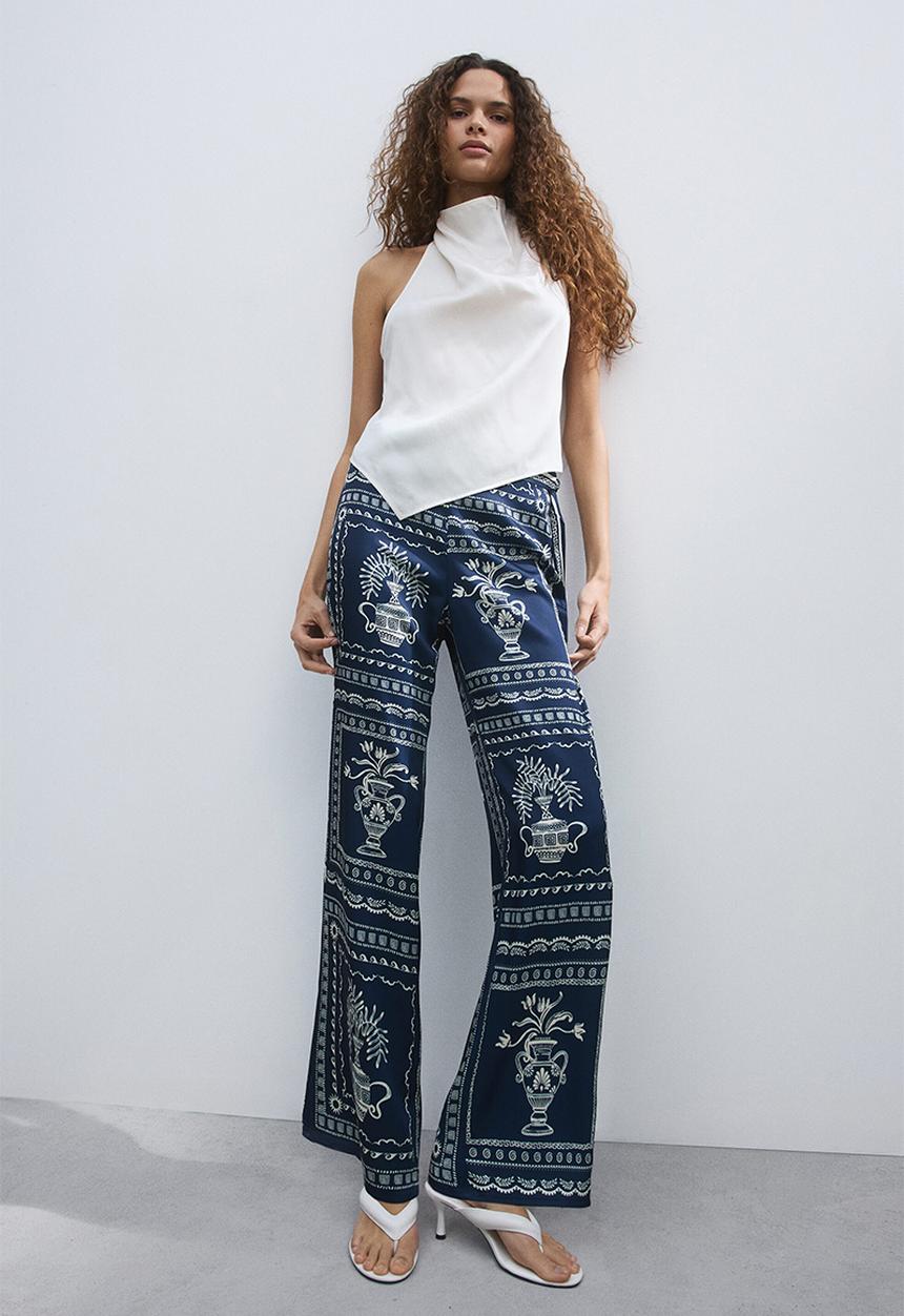 H&M - Printed tie-detail trousers - dark blue/flowers