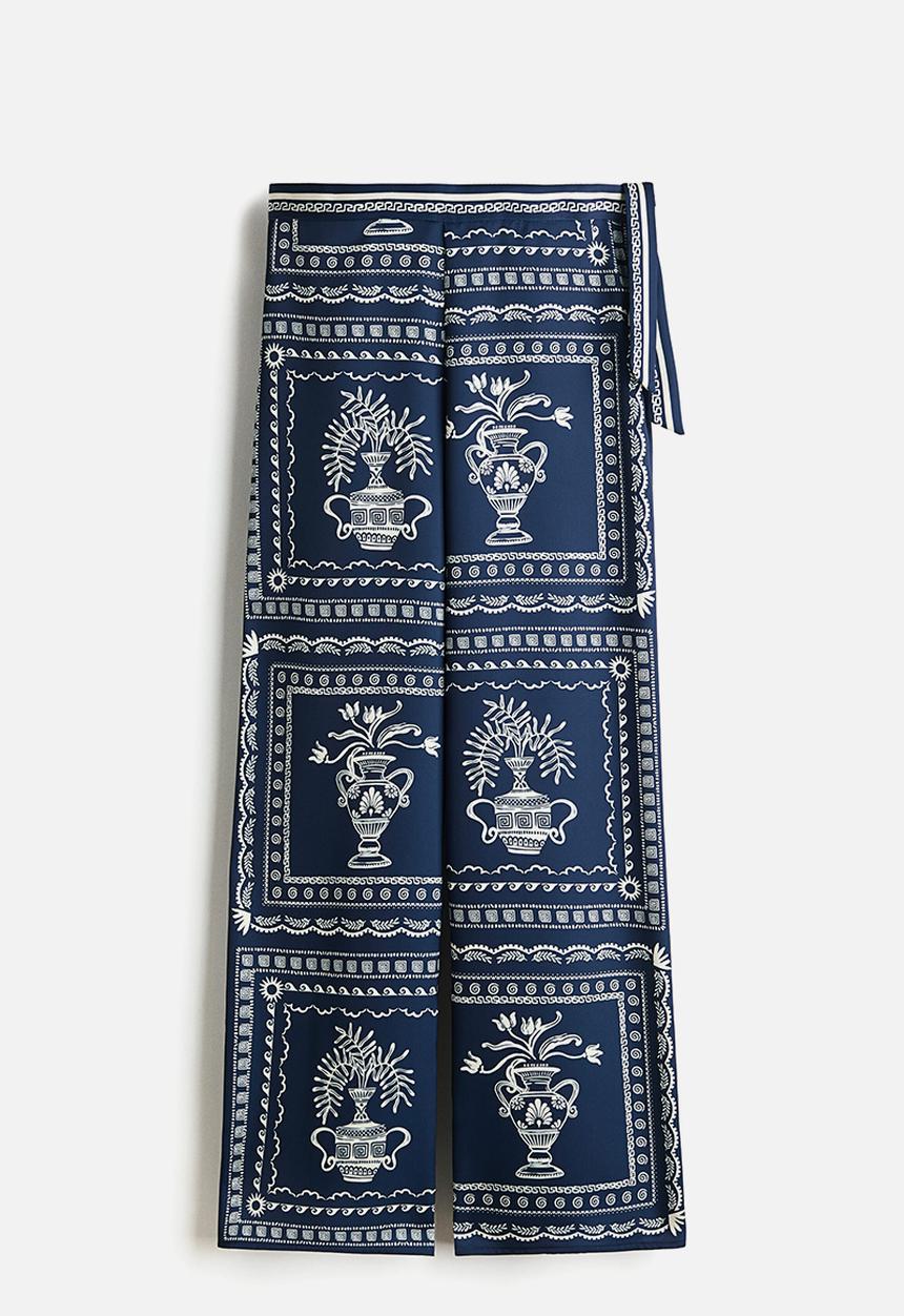 H&M - Printed tie-detail trousers - dark blue/flowers