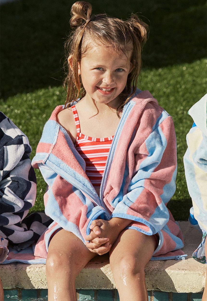 Cotton On - Kids Zip Thru Hooded Towel - Sunkissed/Cloud Blue Bold Stripe