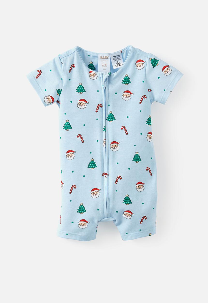 Cotton On - Growie Short Sleeve Zip Romper - Blue Whisper/Christmas Santa