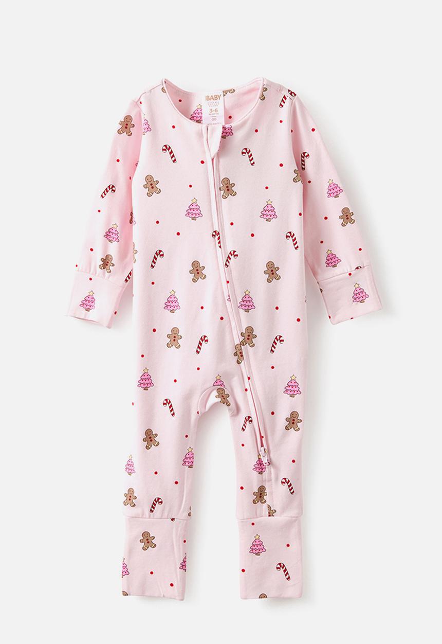 Cotton On - Growie Long Sleeve Zip Romper - Tea Party Pink/Christmas Gingerbread