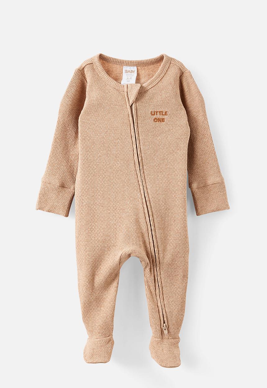 Cotton On - Littlie Organic Long Sleeve Zip Romper - Caramel Fudge Marle/Little One