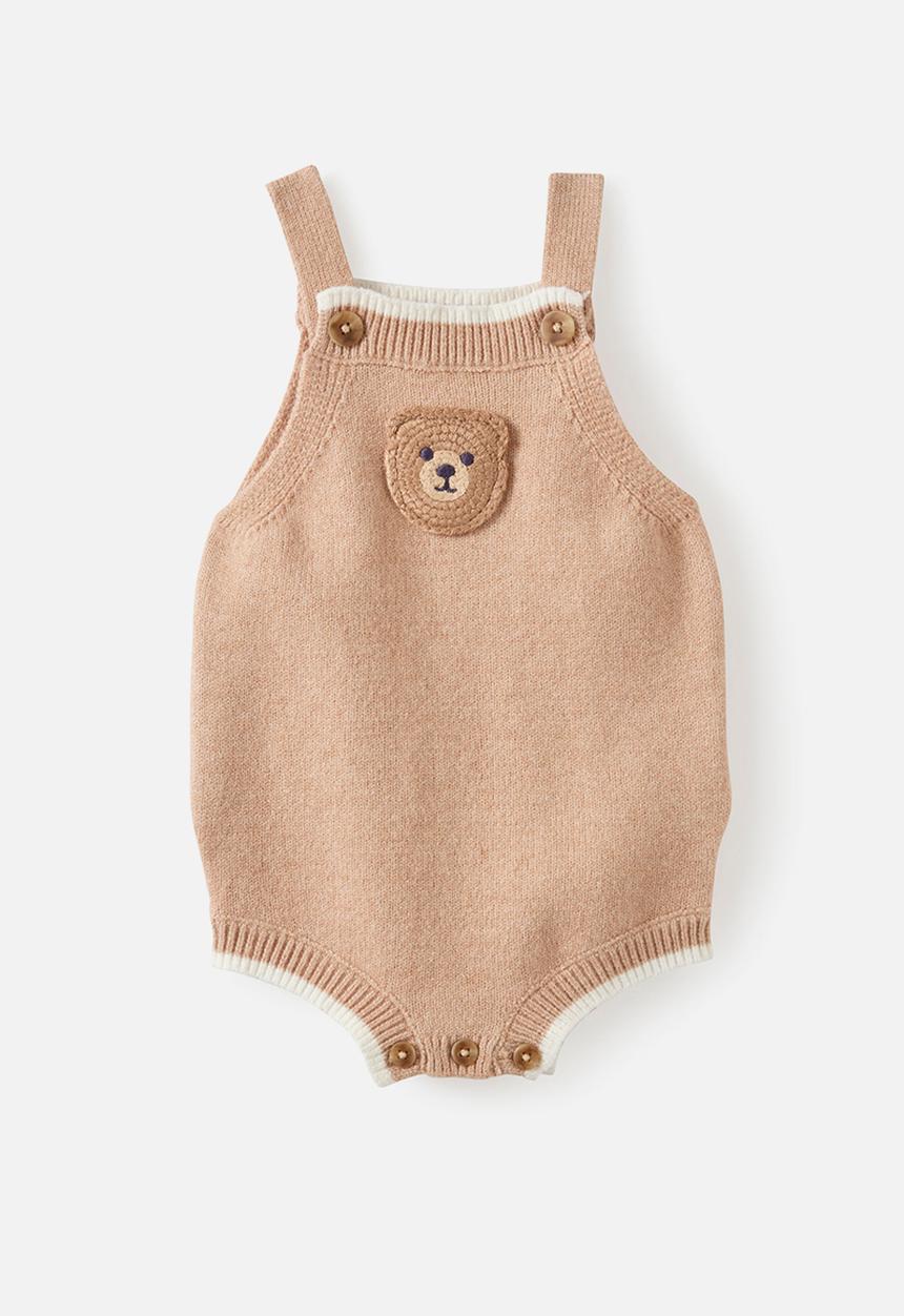 Cotton On - Baby Organic Blend Knit Bubbysuit - Caramel Fudge Marle/Crochet Bear