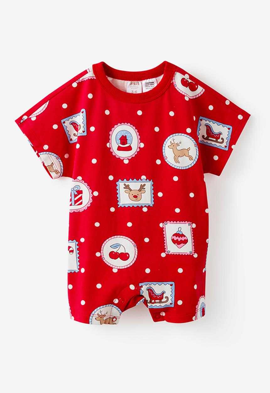 Cotton On - Baby Dreamdrift Family Xmas Romper - Varsity Red/Rudolph Spot