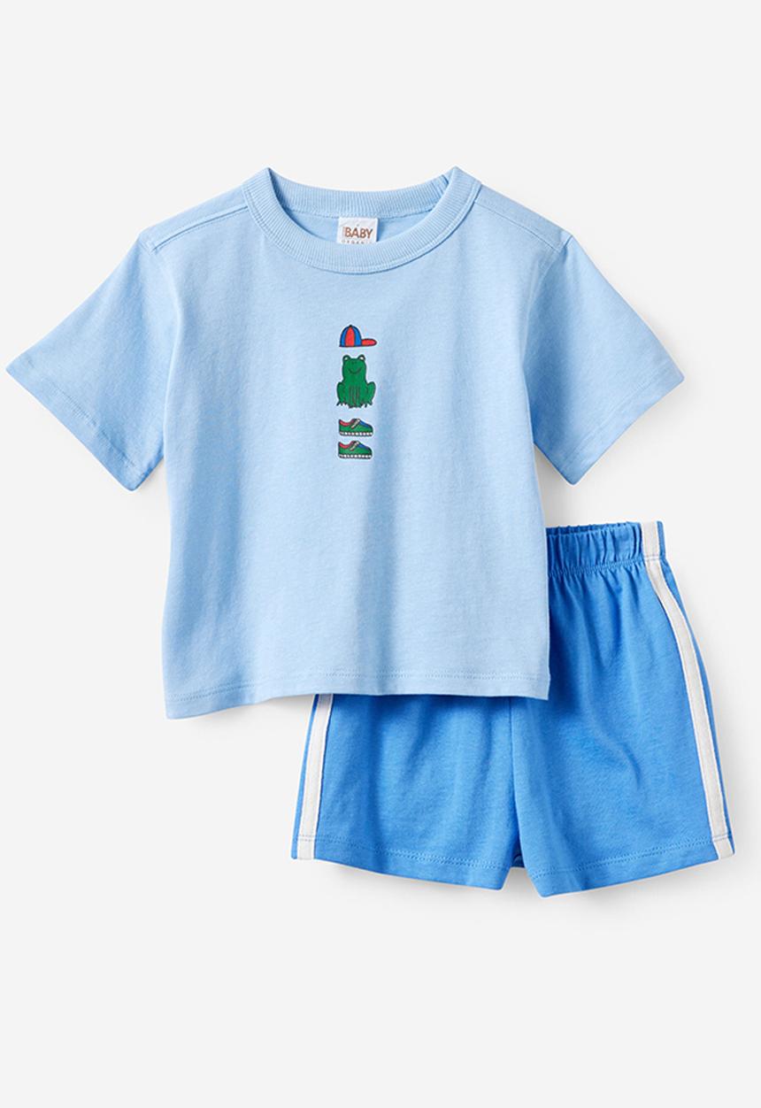 Cotton On - Baby Essential Graphic Tee & Relaxed Short Pack - Cloud Blue/Frog & Blue Bonnet