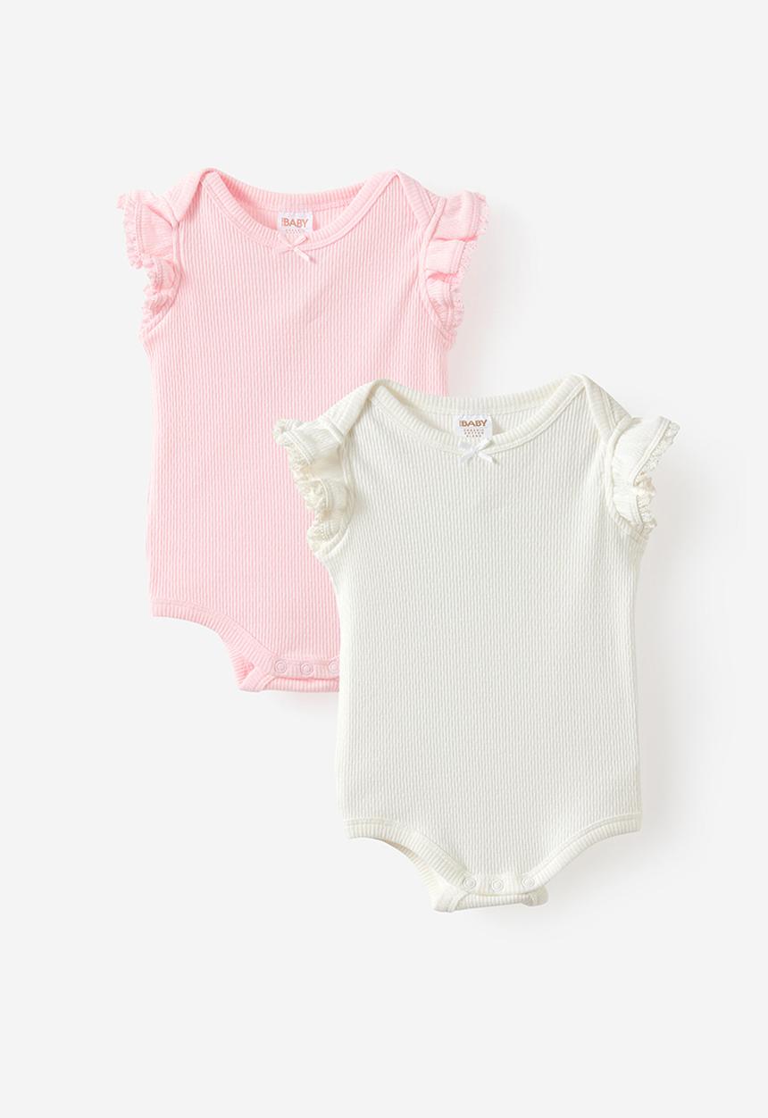 Cotton On - 2 Pack Organic Pointelle Flutter Bubbysuit - Pop Pink & Milk