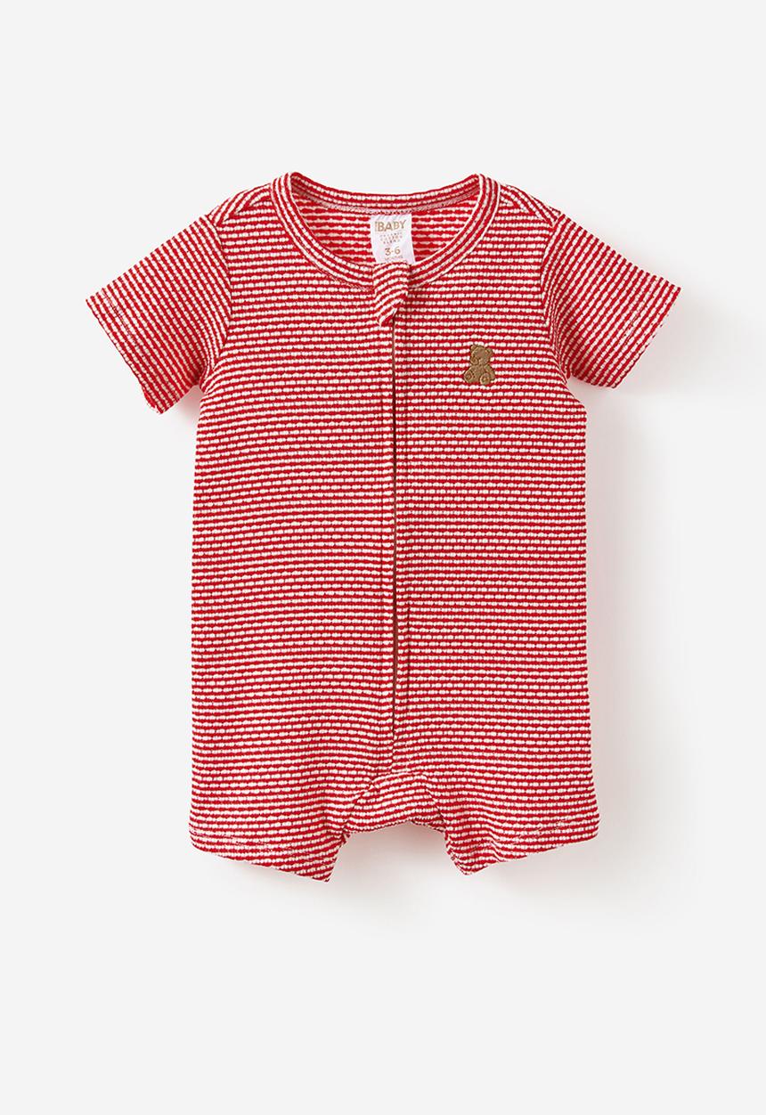 Cotton On - 2 Pack Littlie Organic Short Sleeve Zip Romper - Pop Pink Bear Heart & Varsity Red Bear Stripe