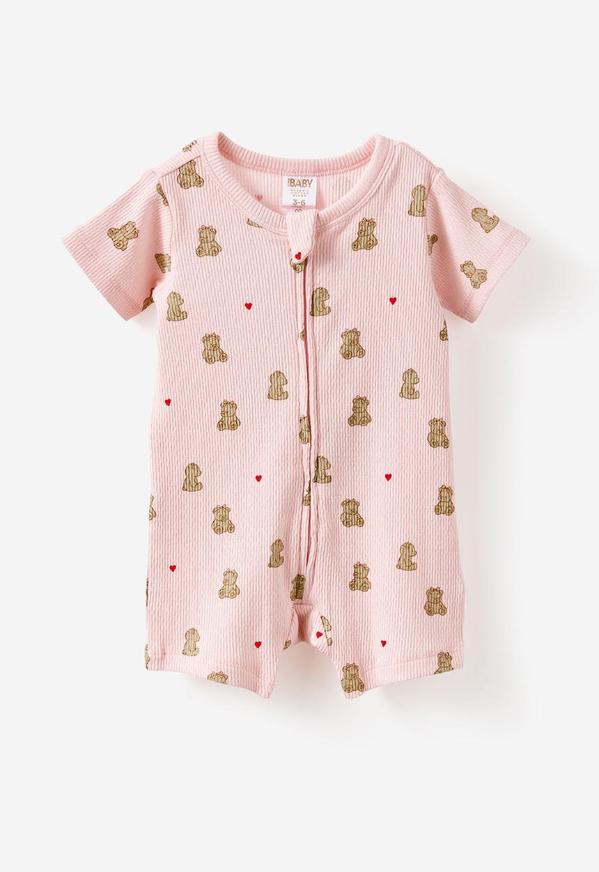 Cotton On - 2 Pack Littlie Organic Short Sleeve Zip Romper - Pop Pink Bear Heart & Varsity Red Bear Stripe