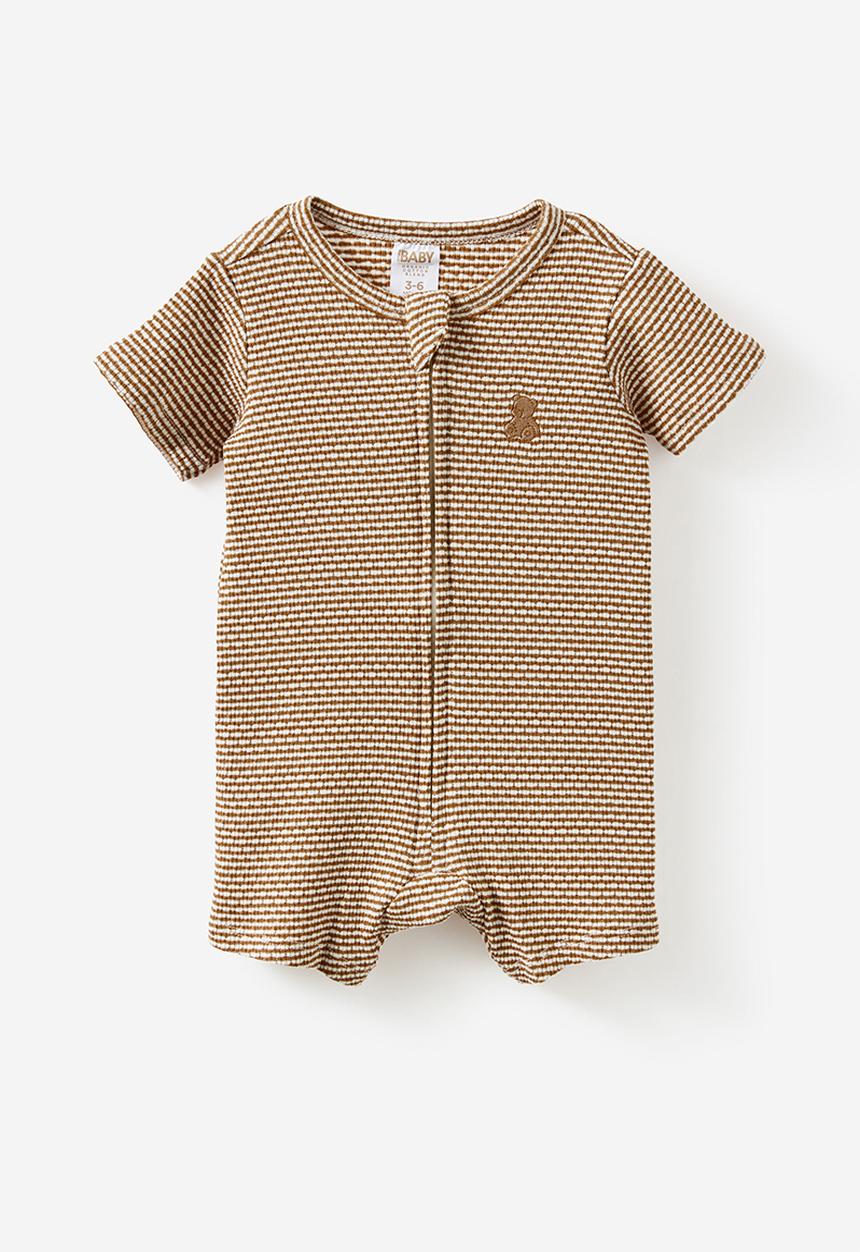 Cotton On - 2 Pack Littlie Organic Short Sleeve Zip Romper - Milk Bear Star & Caramel Fudge Bear Stripe
