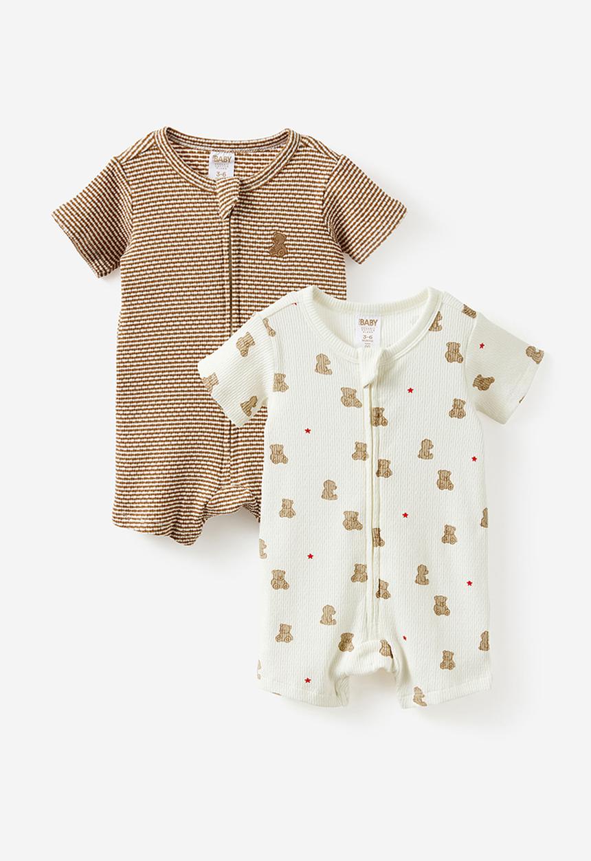 Cotton On - 2 Pack Littlie Organic Short Sleeve Zip Romper - Milk Bear Star & Caramel Fudge Bear Stripe