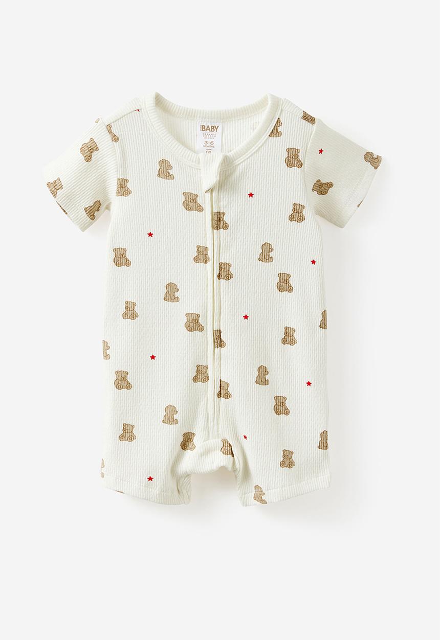 Cotton On - 2 Pack Littlie Organic Short Sleeve Zip Romper - Milk Bear Star & Caramel Fudge Bear Stripe