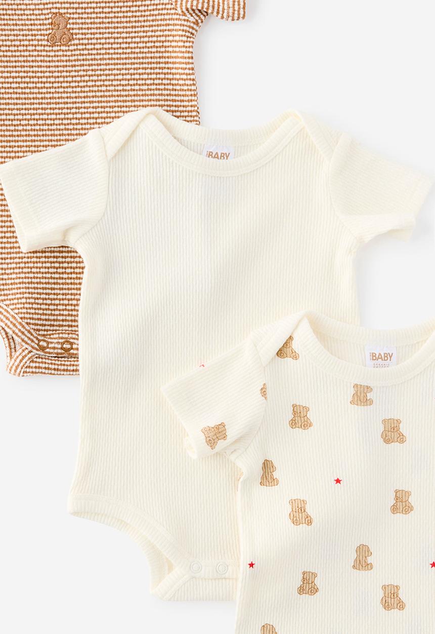 Cotton On - 3 Pack Organic Pointelle Short Sleeve Bubbysuit - Milk Bear Star/Fudge Marle Bear Stripe/Milk