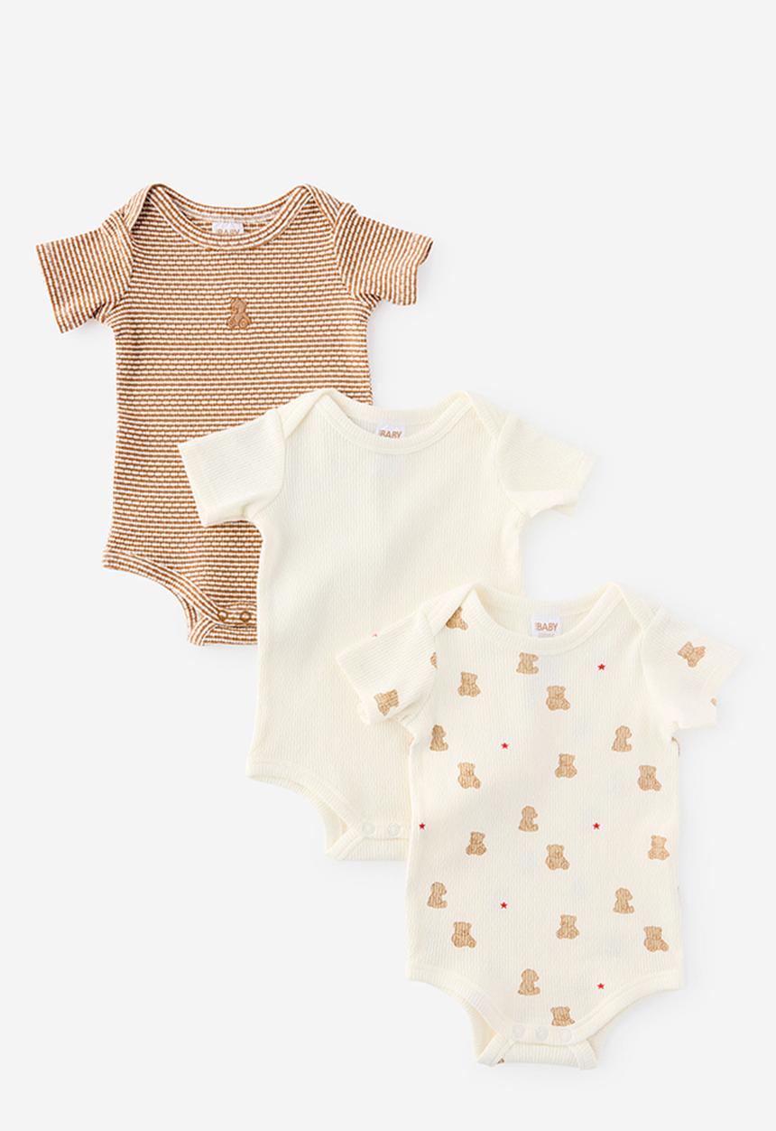 Cotton On - 3 Pack Organic Pointelle Short Sleeve Bubbysuit - Milk Bear Star/Fudge Marle Bear Stripe/Milk