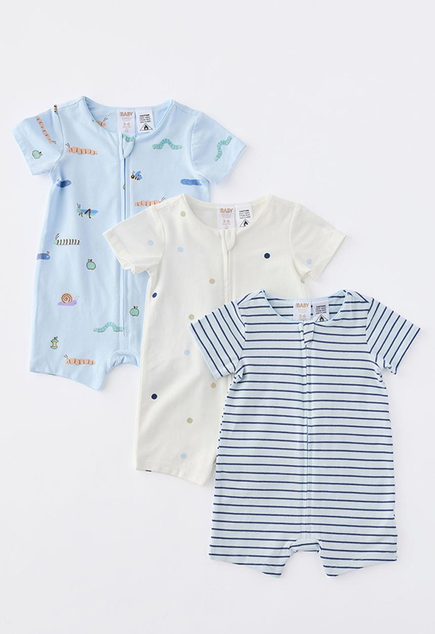 Cotton On - The 3Pk Short Sleeve Zip Romper - Blue Whisper/Garden Bugs
