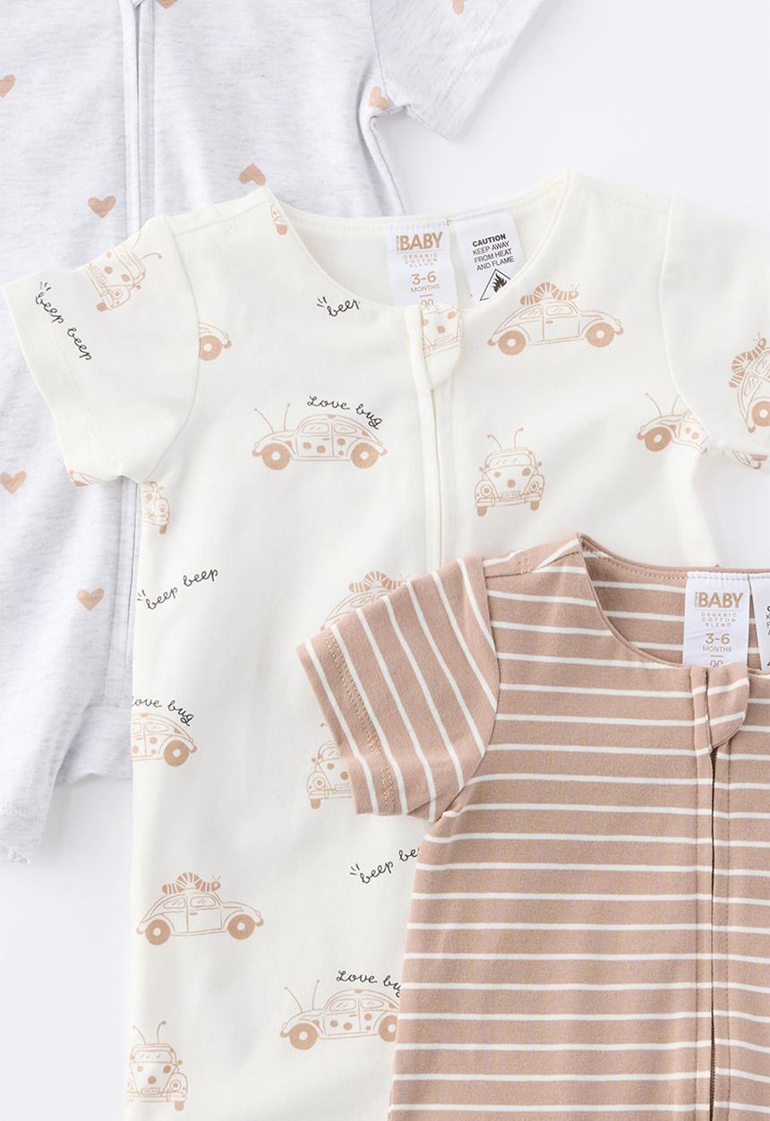 Cotton On - The 3Pk Short Sleeve Zip Romper - Vanilla-Oatmilk/Love Bug