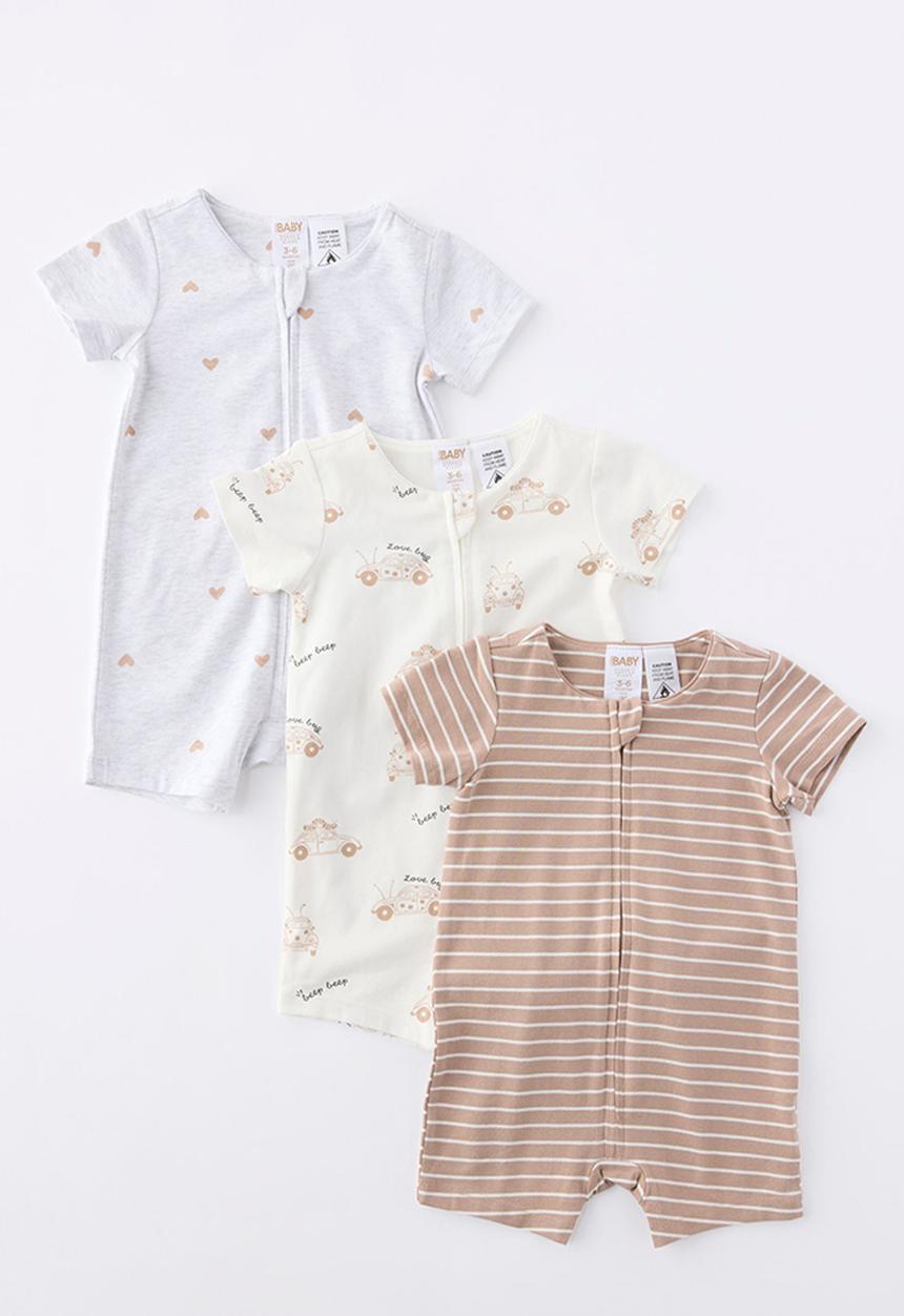Cotton On - The 3Pk Short Sleeve Zip Romper - Vanilla-Oatmilk/Love Bug