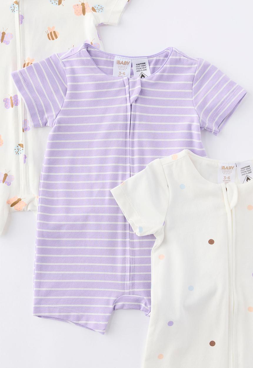Cotton On - The 3Pk Short Sleeve Zip Romper - Vanilla-Purple Hue/Butterflies