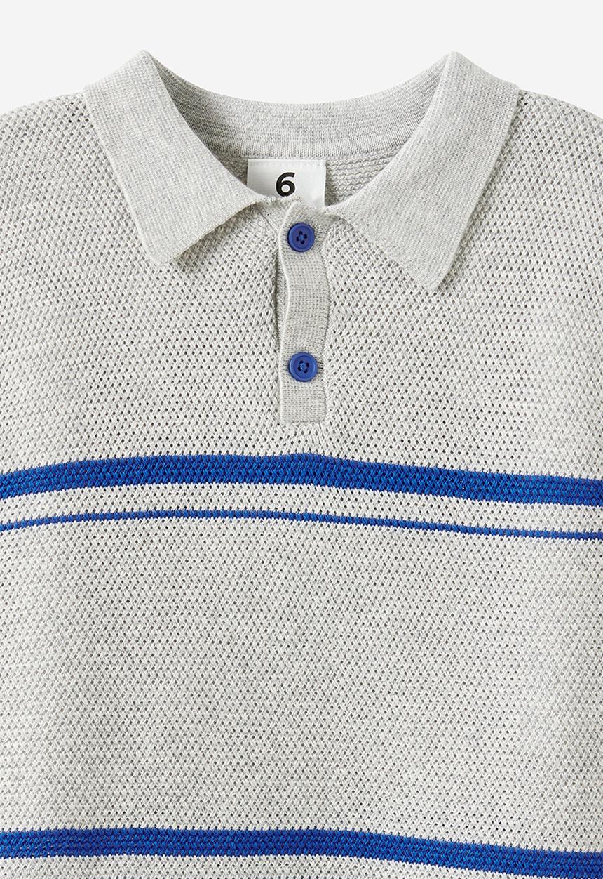Cotton On - Open Neck Polo - Grey Marle/Harbour Blue Stripe