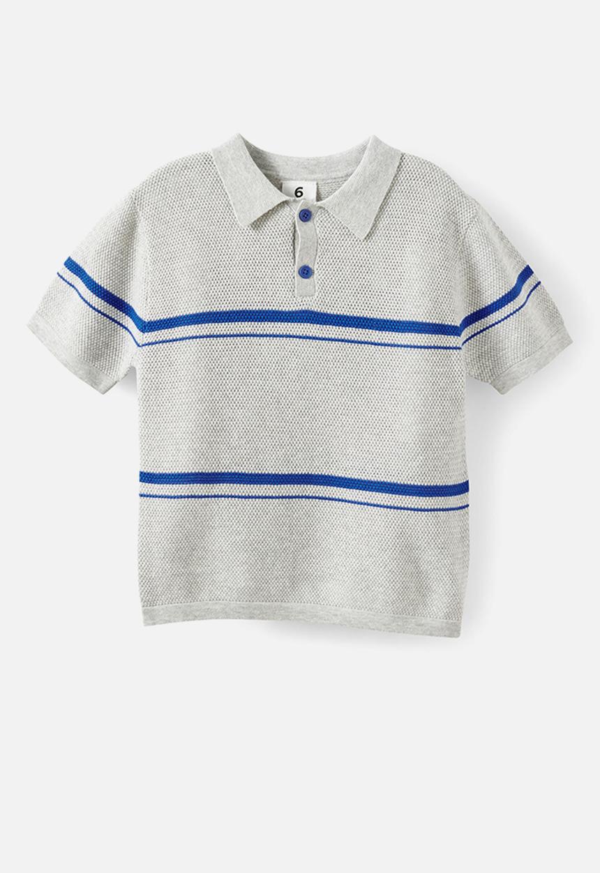 Cotton On - Open Neck Polo - Grey Marle/Harbour Blue Stripe
