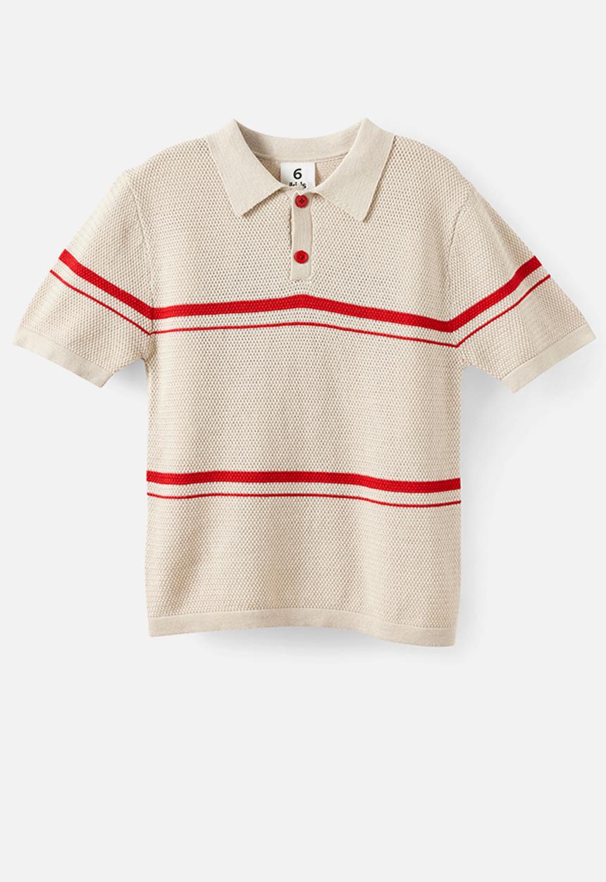 Cotton On - Open Neck Polo - Rainy Day/Varsity Red Stripe