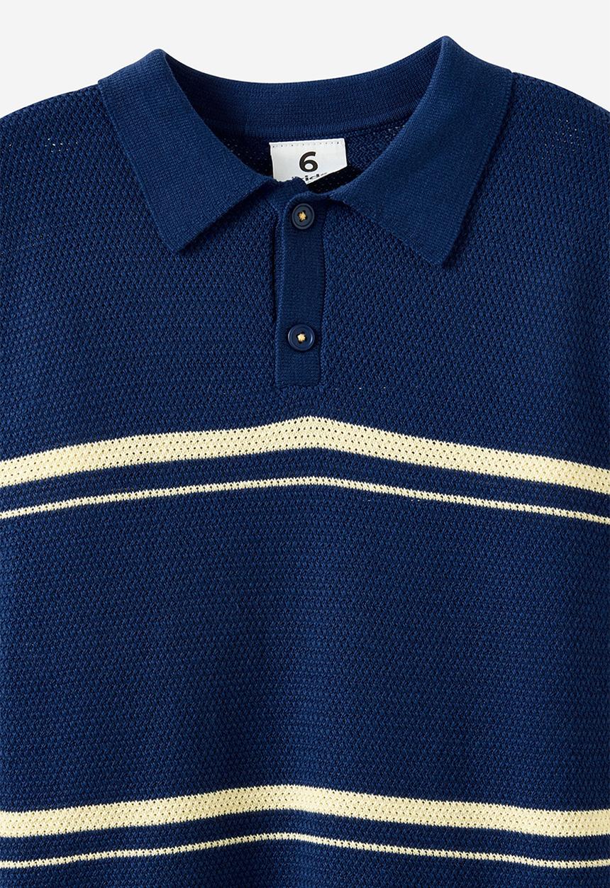 Cotton On - Open Neck Polo - Denim Navy/Baby Yellow Stripe