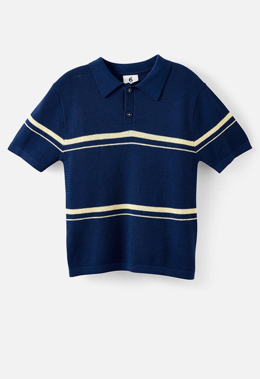 Cotton On - Open Neck Polo - Denim Navy/Baby Yellow Stripe