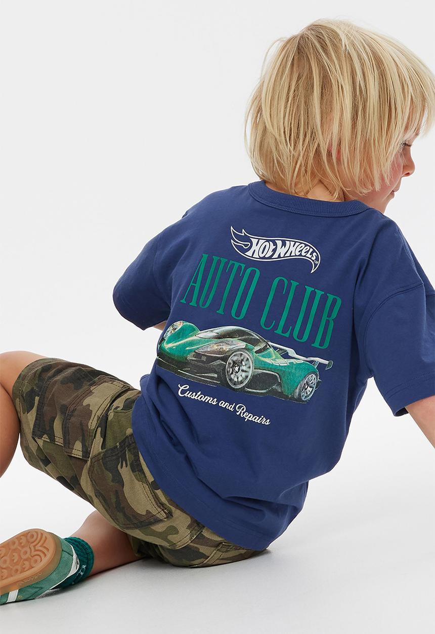 Cotton On - Licensed Drop Shoulder Short Sleeve Tee - Lcn Mat Navy Denim/ Hot Wheels Auto Club
